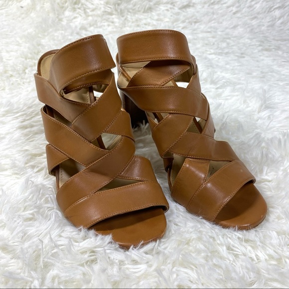MICHAEL Michael Kors Criss Cross Strap Gladiator Tan Brown Heels Wood Heel 8.5 - Picture 2 of 10